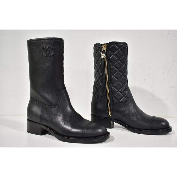 Chanel 21P Black Calfskin Leather CC Logo Quilted Zipper Mid Calf Boots 36.5 - Picture 3 of 12